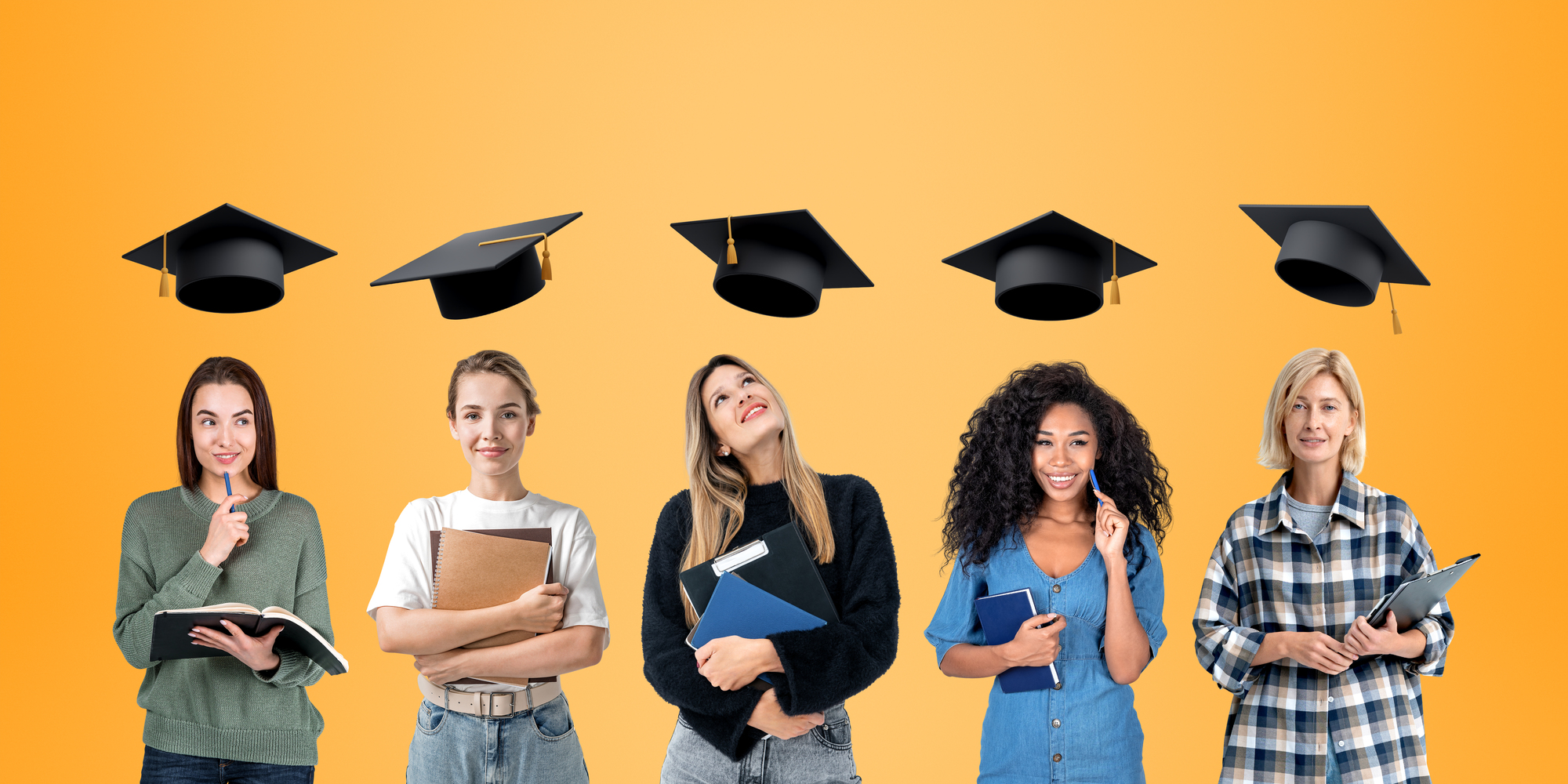 Five multiracial businesswomen working together, dreaming and thoughtful portraits in row with graduation cap on orange background. Concept of future career, education and degree